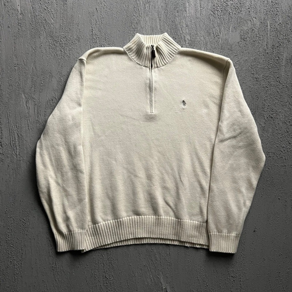 Vintage Polo Ralph Lauren 1/4 Sweater XL Cream 90s Cotton Knit Pullover